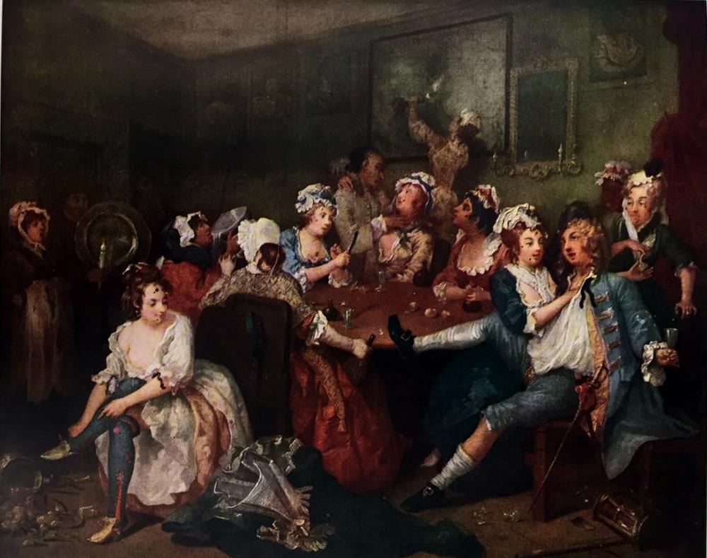 Masterpieces of British Painting by William Hogarth: The Rake's Progress III, The Orgy c.1731-35 Fine Art Print from Museum Arti - Click Image to Close