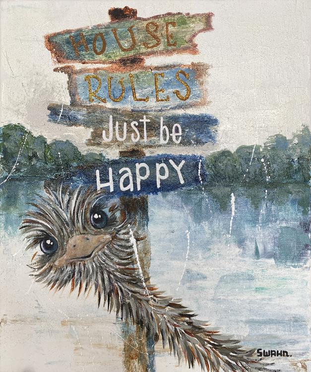 Janet Swahn House Rules Just Be HaPpY Original Mixed Media Acylic & Textures on Canvas c. 2021