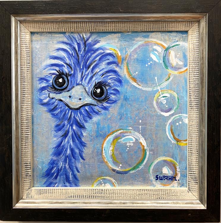 Janet Swahn HaPpY Bubbles Blue Original Mixed Media Acylic & Textures on Canvas c. 2022