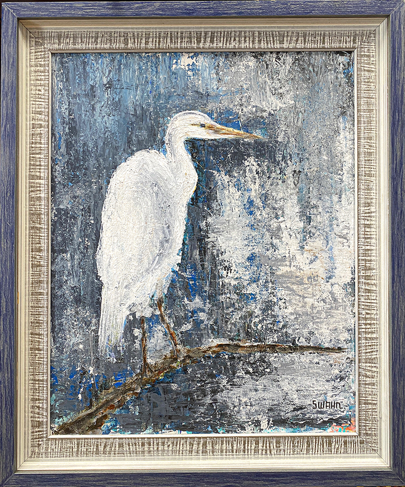 Janet Swahn White Egret Mixed Media Painting on Board c. 2021