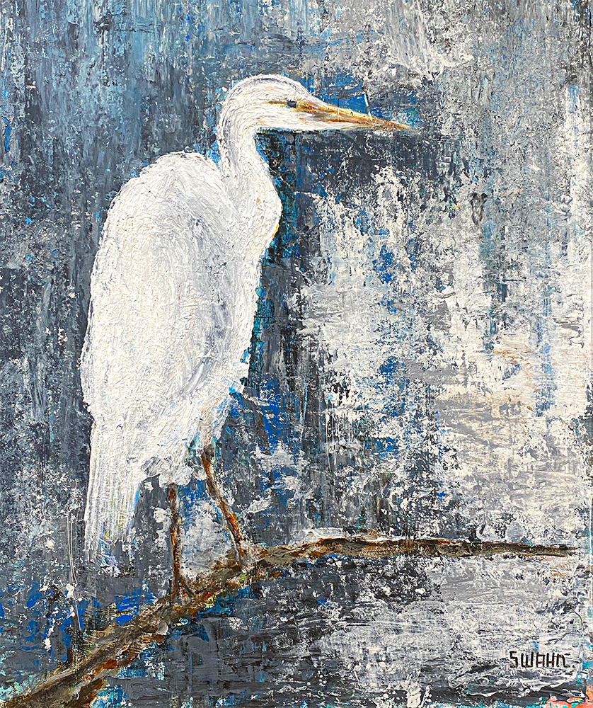 Janet Swahn White Egret Mixed Media Painting on Board c. 2021