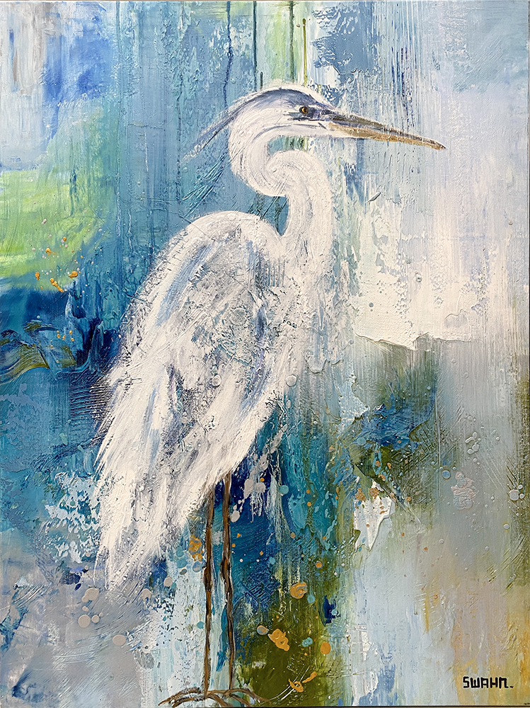 Janet Swahn Egret on Abstract I Mixed Media Painting on Canvas c. 2021