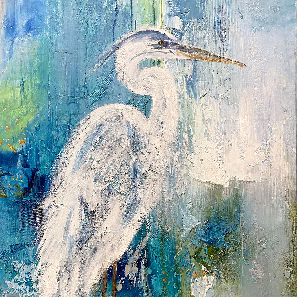 Janet Swahn Egret on Abstract I Mixed Media Painting on Canvas c. 2021