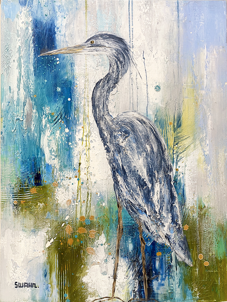 Janet Swahn Egret on Abstract II Mixed Media Painting on Canvas c. 2021