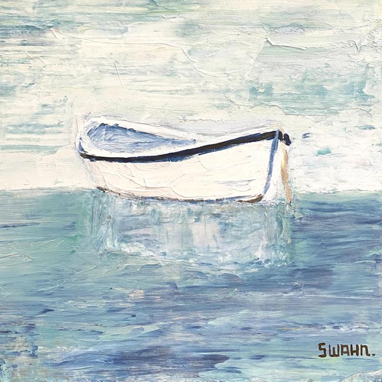 Janet Swahn White Boat Mixed Media Painting on Canvas - Click Image to Close