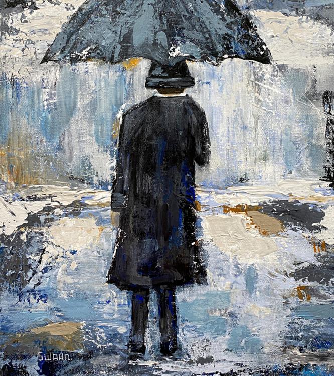 Janet Swahn Umbrella Man in Blue Mixed Media Painting on Canvas