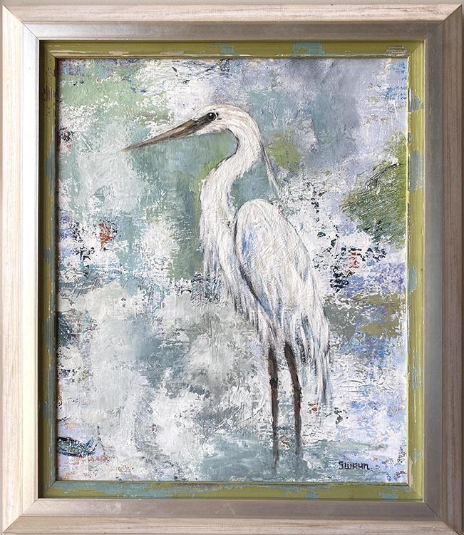 Janet Swahn Egret in White Mixed Media Painting on Canvas