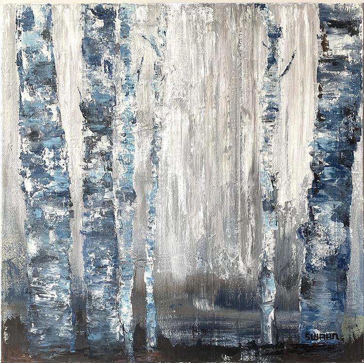 Janet Swahn Birch Trees in Blue Mixed Media Painting on Canvas