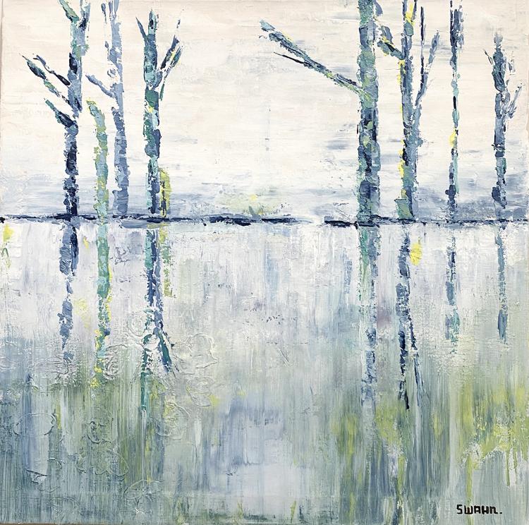 Janet Swahn Birch Trees Blue Mixed Media Painting on Canvas