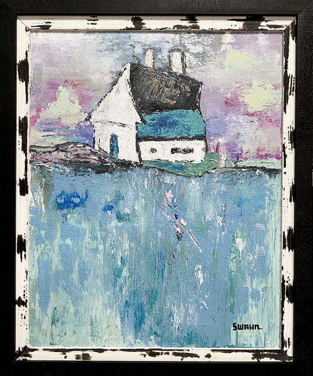 Janet Swahn Barn House Teal Mixed Media Painting on Canvas