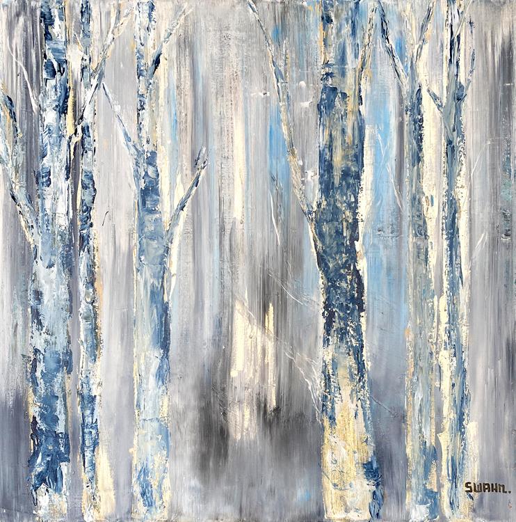 Janet Swahn Birch Trees Blue Mixed Media Painting on Canvas