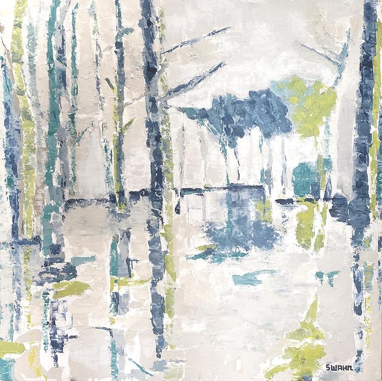 Janet Swahn Birch Trees Gray & Lime Mixed Media Painting on Canvas