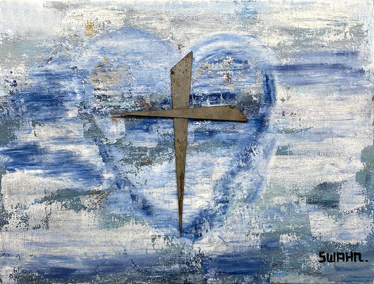 Janet Swahn Heart in Blue with Metal Cross Mixed Media Painting on Canvas