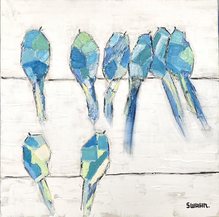 Janet Swahn Birds on a Wire in Blue Bold Mixed Media Painting on Canvas