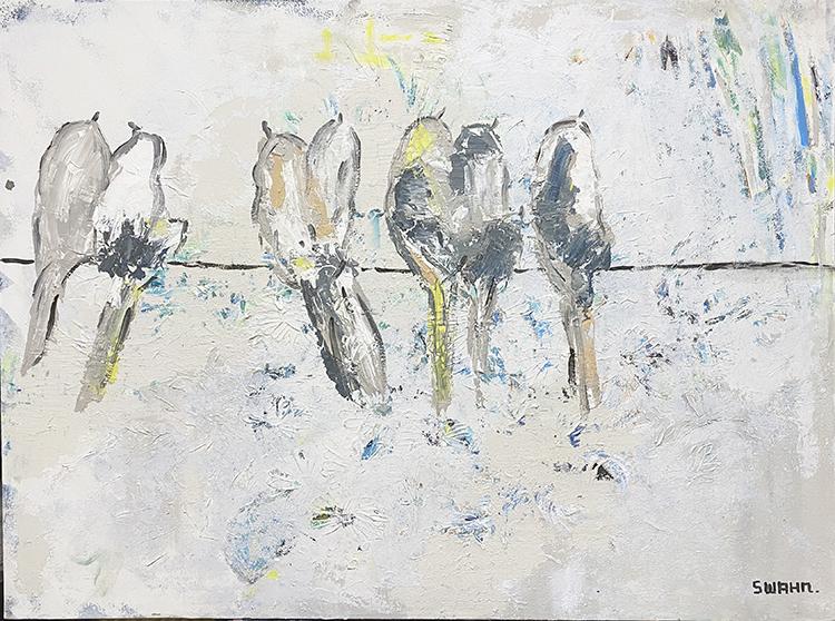 Janet Swahn Birds on a Wire in Abstract Mixed Media Painting on Canvas