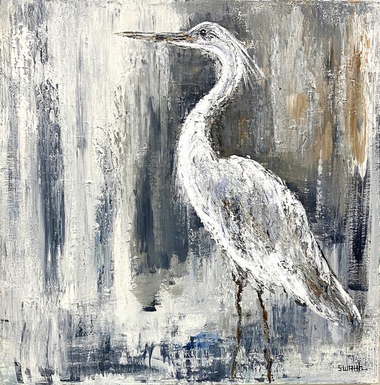 Janet Swahn Egret on Grays Mixed Media Painting on Canvas