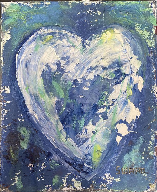 Janet Swahn Heart Blue & Green II Mixed Media Painting on Canvas