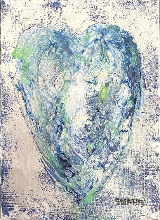 Janet Swahn Heart Blue & Green Light Background Mixed Media Painting on Canvas