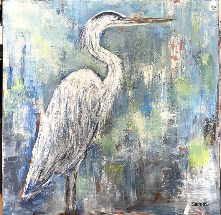 Janet Swahn Blue Heron Mixed Media Painting on Canvas