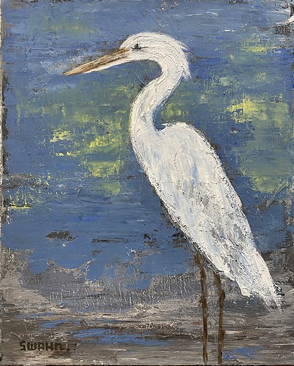Janet Swahn Egret in White Mixed Media Painting on Canvas