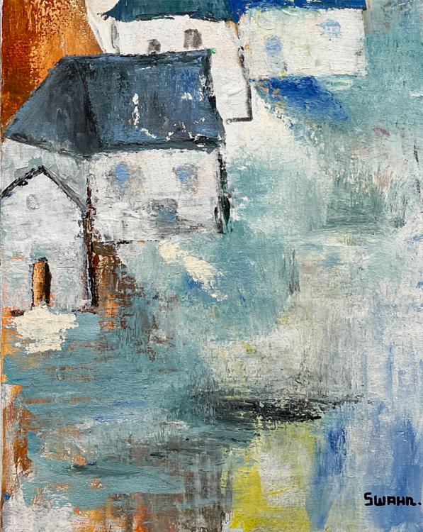Janet Swahn Barn Houses Mixed Media Painting on Canvas - Click Image to Close