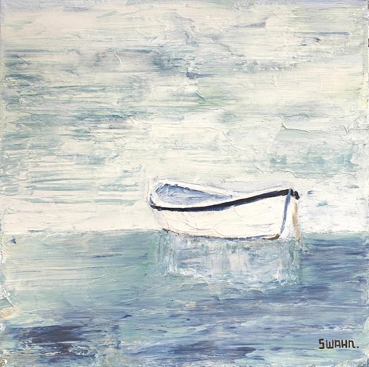 Janet Swahn White Boat Mixed Media Painting on Canvas