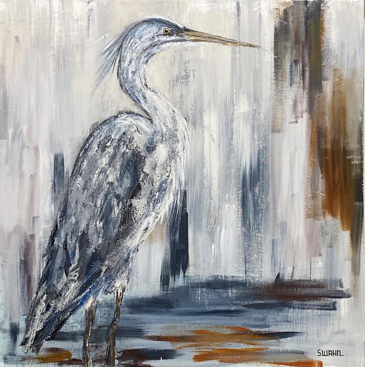 Janet Swahn Egret in Gray Abstract Mixed Media Painting on Canvas